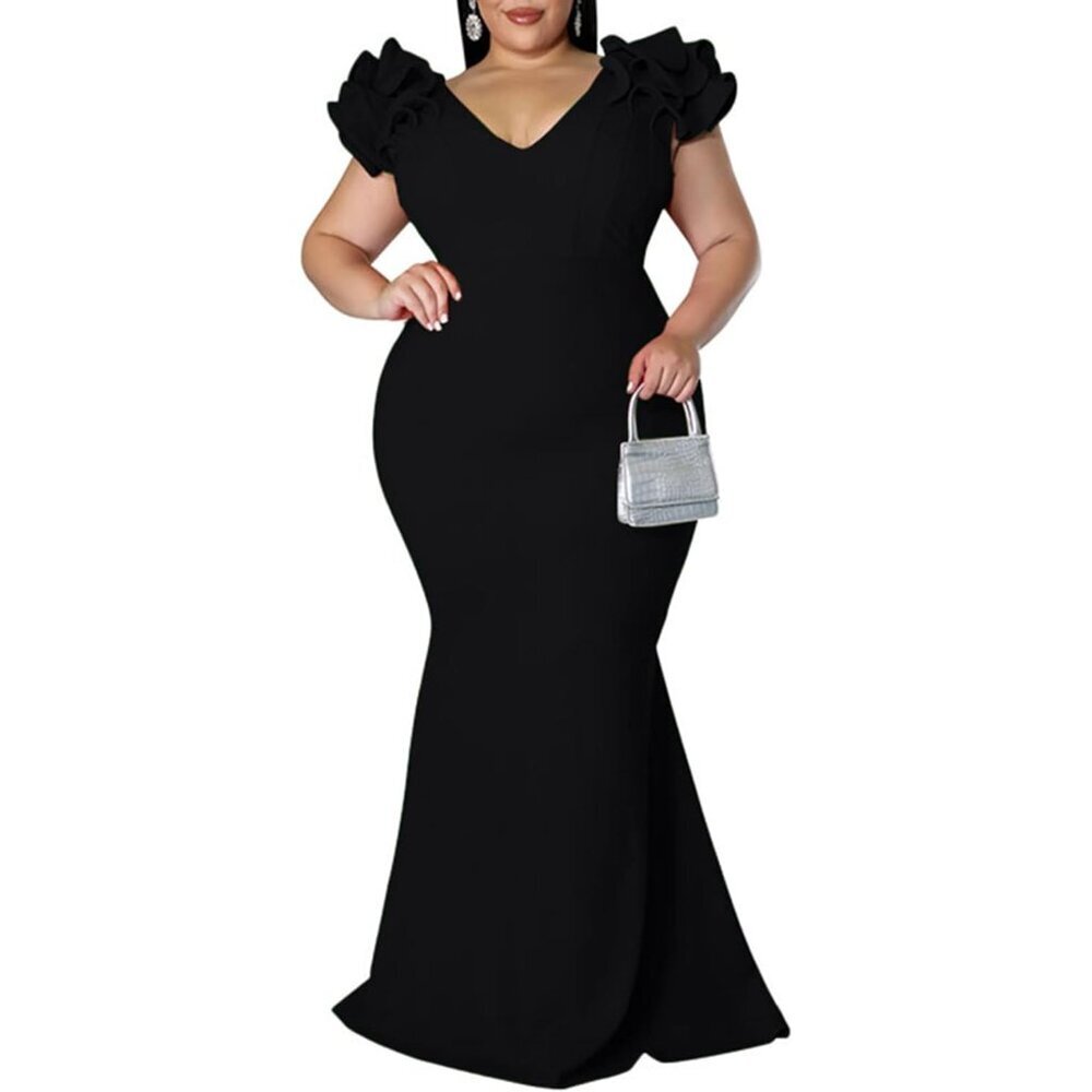 Plus Size Maxi Dress Elegant V-Neck Ruffle Sleeves Bodycon Mermaid Evening Gown